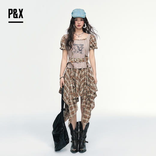 P&X设计师女装2025夏季复古格子拼接连衣短裙825208186 咖啡格 商品图1