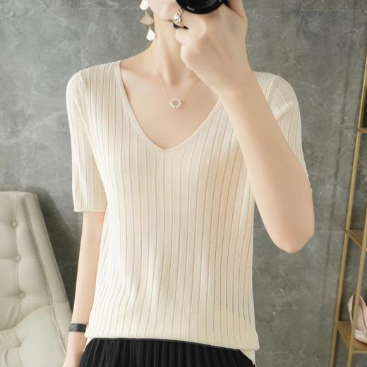 冰丝短袖T恤女2025春夏新款洋气宽松显瘦纯色百搭薄款V领针织上衣 商品图2