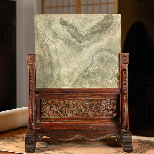 清早期 黄花梨镶绿石透雕螭龙纹插屏 商品图0