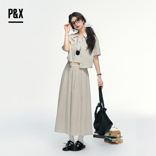 P&X设计师女装 新款休闲工装外套女条纹套装长裙 825214089 浅绿 商品图1