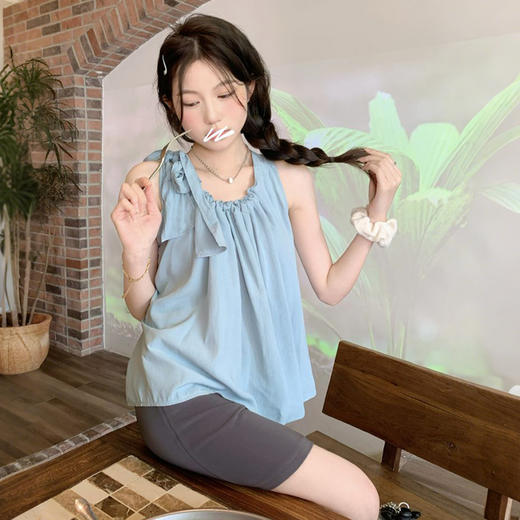 西遇法式吊带上衣女夏季新款系带蝴蝶结蓝色宽松薄款衬衣SS050549 商品图2