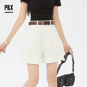 P&X设计师女装2025夏季时尚直筒百搭宽松牛仔短裤825227179 白色