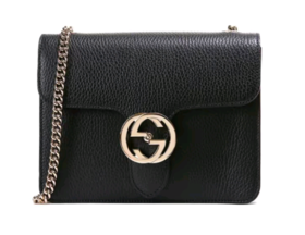 GUCCI古驰 双G链条肩带荔枝纹 牛皮 邮差包风琴包单肩斜挎包 小号 女款 黑色