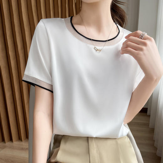 丝绸缎面2025春夏季女装新款v领短款宽松上衣短袖t恤 商品图2