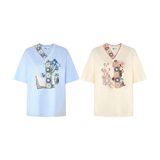 两三事梵高文艺 夏风逐花 2025夏季新款手钩花领带印花短袖t恤女 商品图4