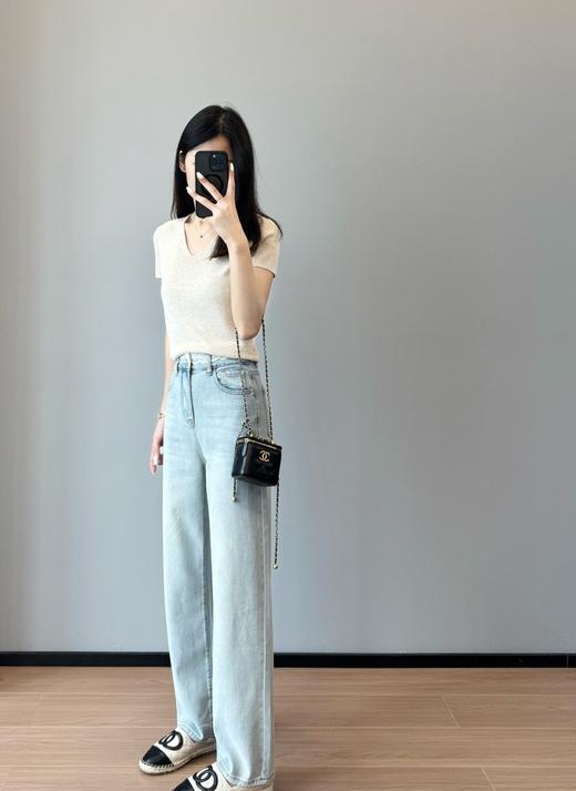 春夏新款特调海灰蓝烫钻蕾丝高腰显腿长四面弹莱赛尔牛仔裤 商品图3