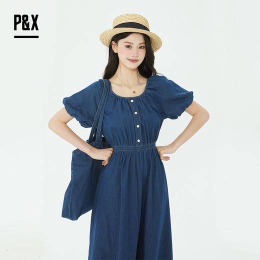P&X设计师2025夏季女装收腰气质牛仔连衣长裙 825208193 深蓝 商品图2
