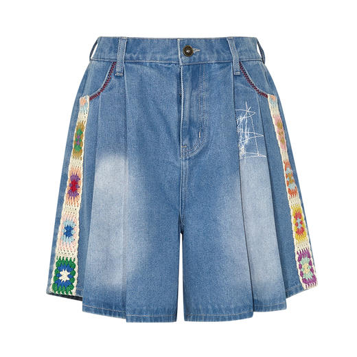 两三事 溪畔野径 2025夏季新款手钩花织带拼接牛仔短裤女宽松 商品图4