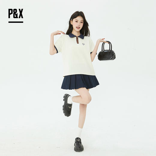 P&X设计师2025夏季新款学院风休闲时尚套装短裙825214085 杏/蓝 商品图1