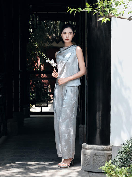 盛唐牡丹 |雪灰梅兰竹菊真丝女裤 商品图0