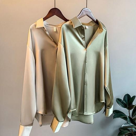 春秋新款韩版缎面衬衫女宽松柔滑绸缎长袖大码设计感小众洋气衬衣 商品图2