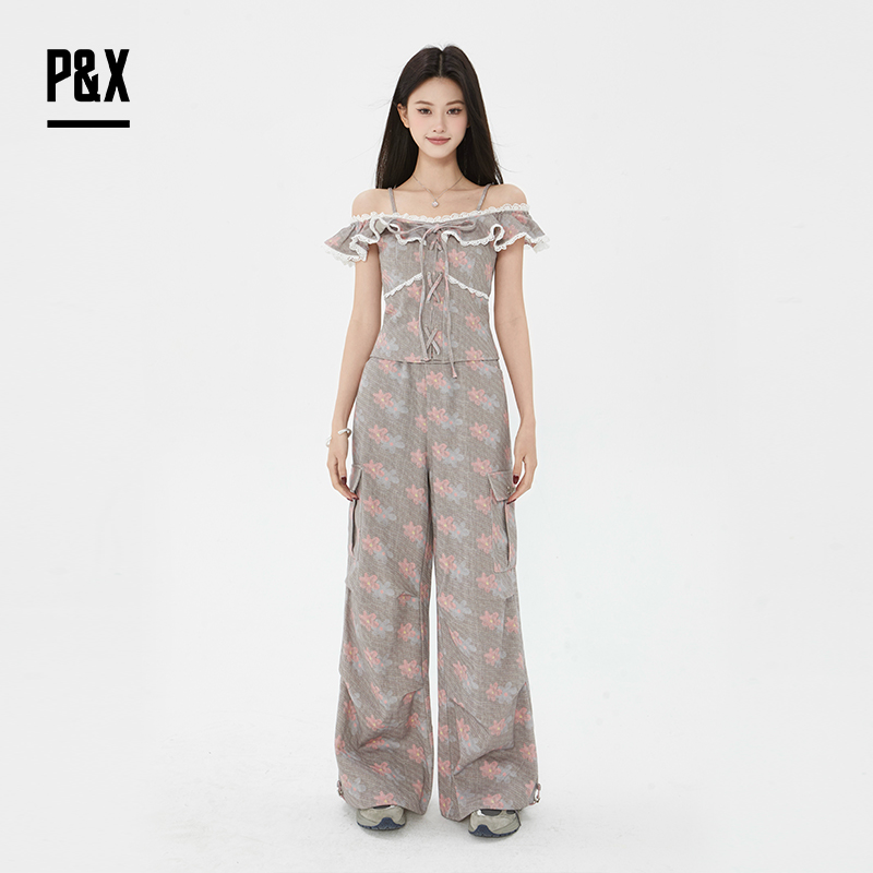 P&X设计师女装2025夏碎花复古吊带+长裤两件套装825214097 花色