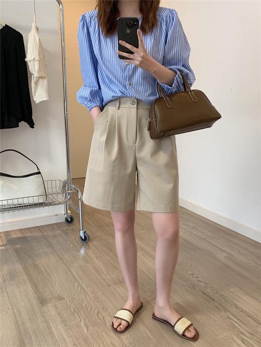 卡其西装短裤女春夏薄款高腰宽松a字休闲中裤直筒复古阔腿五分裤 商品图7