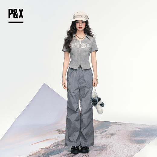 P&X设计师女装 夏季新款宽松纯色梭织休闲长裤阔腿825209217 灰色 商品图3