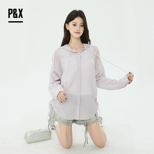 P&X设计师2025夏季新款连帽宽松腰果花纹防晒衬衫825205083 紫色 商品图2