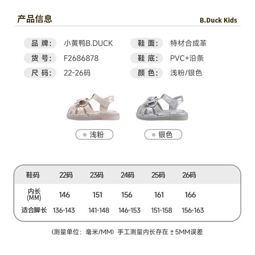 B.Duck小黄鸭童鞋女童凉鞋夏季透气儿童公主鞋宝宝沙滩鞋22-26 F2686878 商品图1