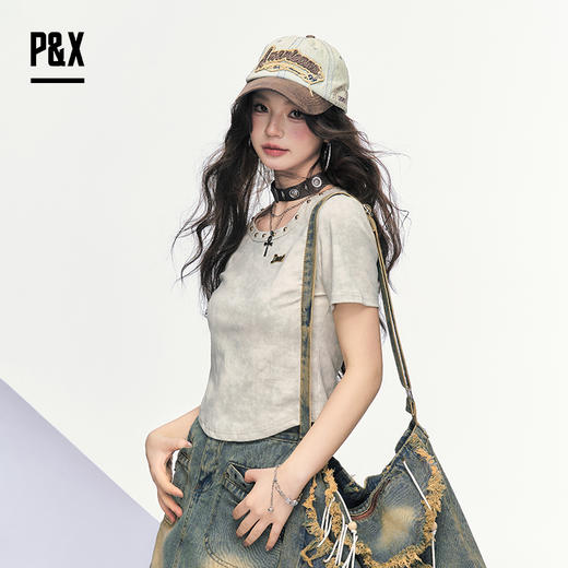 P&X设计师女装 夏季扎染金属装饰针织短款T恤圆领 825202261 绿色 商品图4