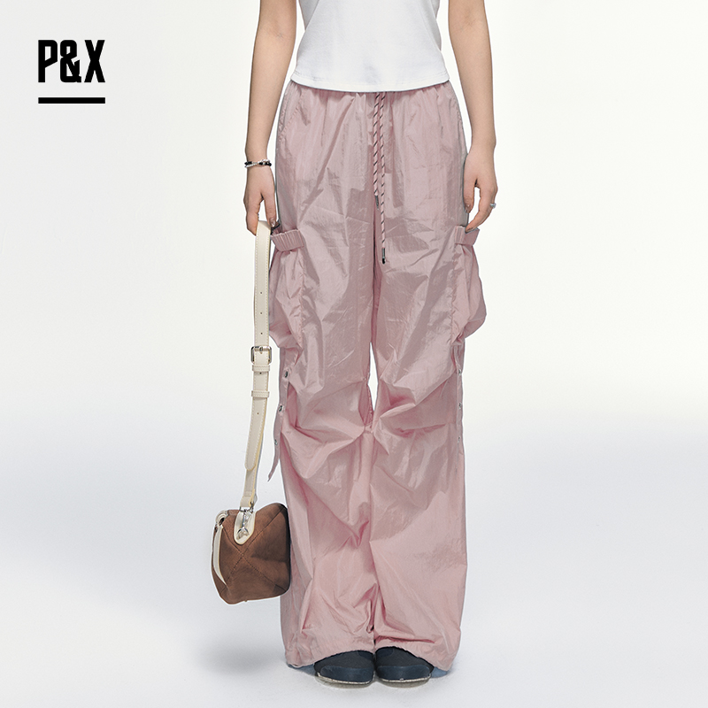 P&X设计师女装 新款潮流工装梭织休闲长裤宽松阔腿825209214 粉色