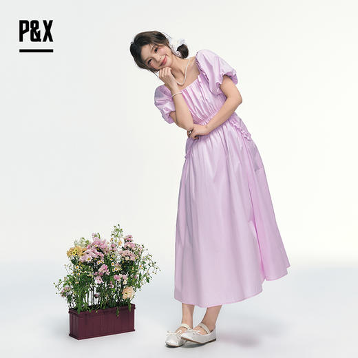 P&X设计师女装 法式茶歇气质方领梭织连衣长裙 825208180 紫色 商品图4