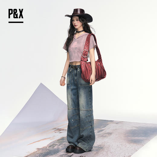 P&X设计师女装 美式高街复古阔腿宽松牛仔长裤女 825210193 蓝色 商品图4