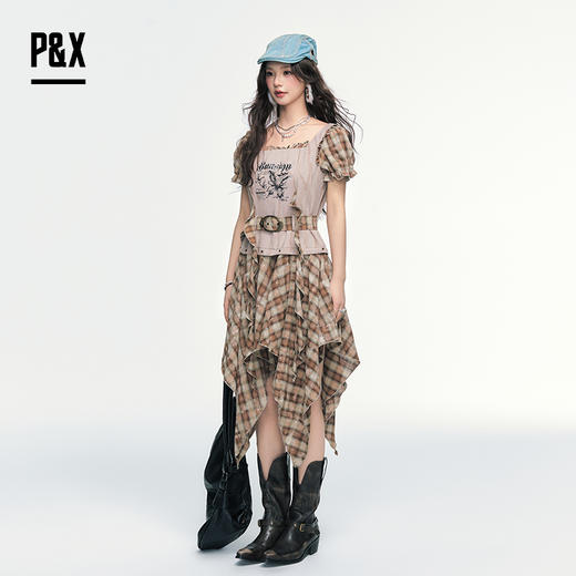 P&X设计师女装2025夏季复古格子拼接连衣短裙825208186 咖啡格 商品图2