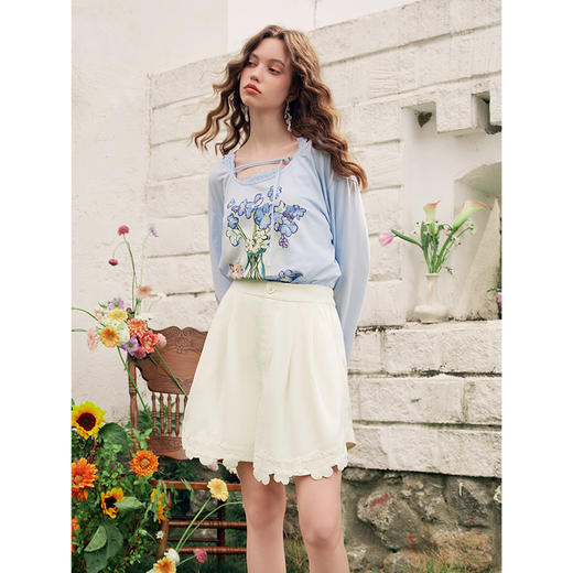 两三事 落花行歌 2025夏季新款甜美绣花裤脚口高腰短裤女宽松 商品图1