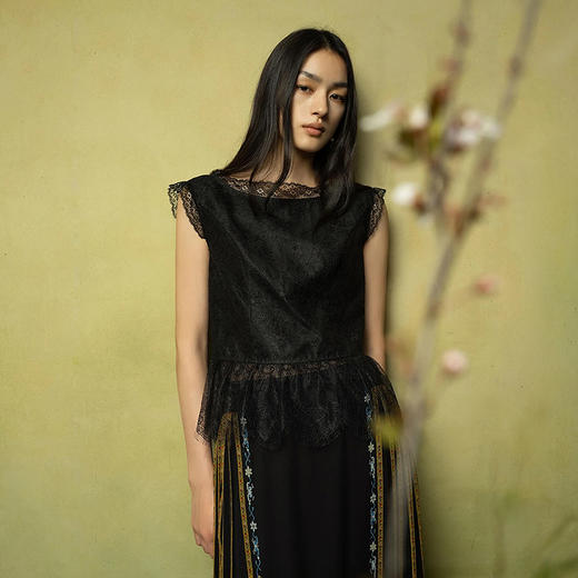 【林栖设计小店】走秀同款真丝香云纱衬衣蕾丝无袖2025夏季新品背心上衣女1952375 商品图0