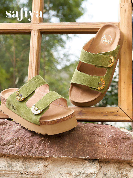 预售|Safiya/索菲娅夏季复古鎏金扣外穿魔术贴勃肯厚底休闲凉拖2025SFD2110153/SFD2110M53 商品图3