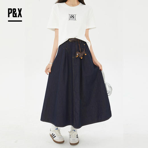 P&X设计师女装夏季复古牛仔半身裙遮胯大A字伞裙 825207335 深蓝 商品图1