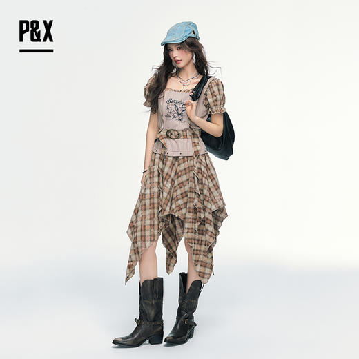 P&X设计师女装2025夏季复古格子拼接连衣短裙825208186 咖啡格 商品图3