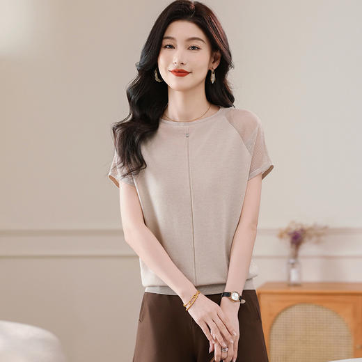 冰丝针织短袖t恤，圆领镂空宽松遮肉显瘦天丝体恤CC-5-6273 商品图1