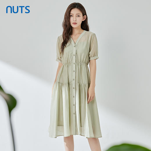 NUTS夏季新品时尚优雅修身气质V领收腰显瘦短袖连衣裙323101053B 商品图0