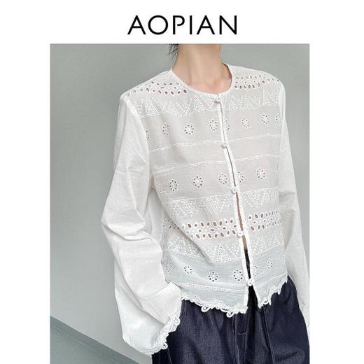 奥篇古法镂空绣+100棉 白色仙仙衫 小宽版刺绣衬衫 商品图1