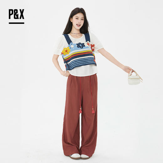 P&X设计师女装2025夏季两件套短款T恤上衣两件套825215214 杏色 商品图1