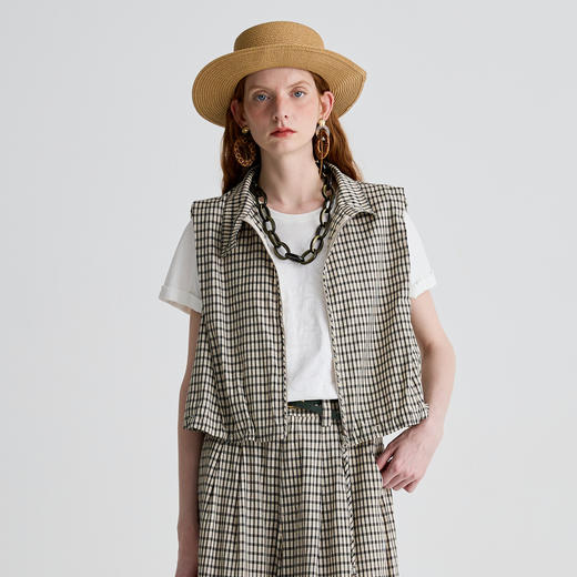 谜底马甲女2025夏季新品复古风通勤宽松H型短款马夹上衣252MS0535 商品图0