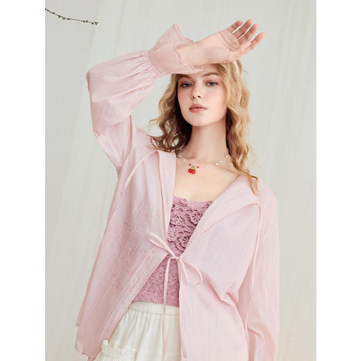 两三事梵高文艺霞云游踪2025夏季新款小清新印花绑带粉色防晒衫女 商品图2