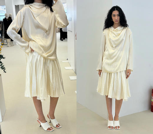 HIDEMI 极简设计感珠光艺术感进口再生醋酯纤维纱线拼接百褶显瘦半身裙 白珍珠/黑珍珠 商品图1