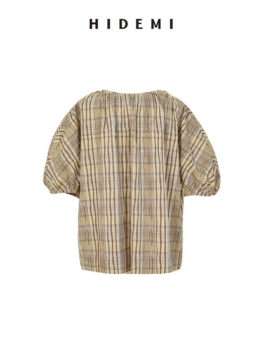 HIDEMI 不规则剪裁大伞状进口韩国纱线格纹泡泡袖上衣半身裙套装 商品图9