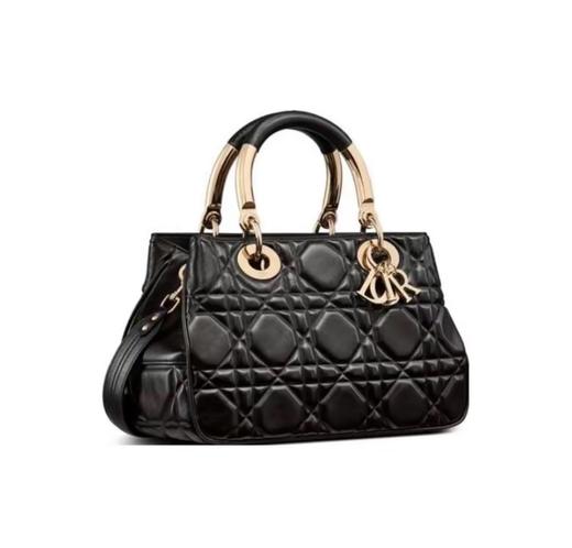 DIOR迪奥 Lady 95.22 金色吊坠藤格纹可拆卸可调节肩带 小牛皮 戴妃包 单肩斜挎手提包 小号 女款 黑色 商品图0