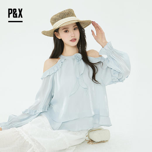 P&X设计师2025夏季一字肩挂颈露肩荷叶边雪纺衫825228073 蓝色 商品图3