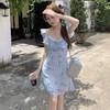 西遇法式飞袖连衣裙女夏季新款系带蕾丝拼接格子碎花短裙SS050539 商品缩略图1