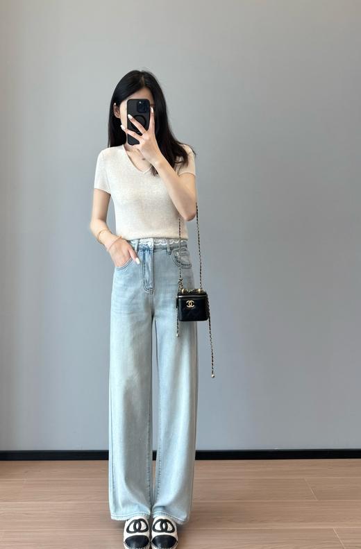 春夏新款特调海灰蓝烫钻蕾丝高腰显腿长四面弹莱赛尔牛仔裤 商品图2