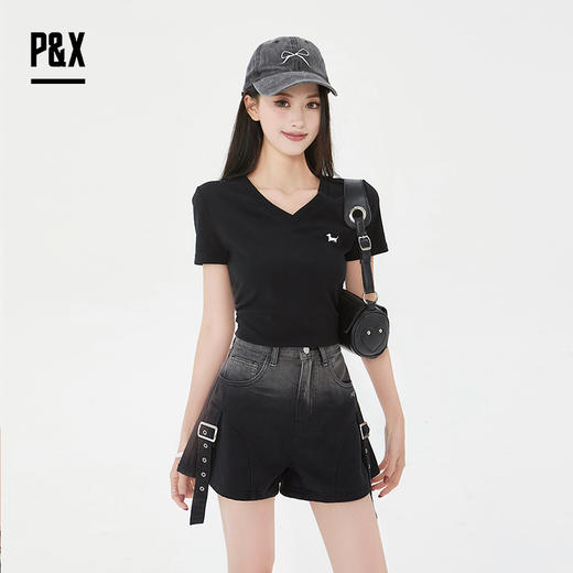 P&X设计师女装 高腰外穿休闲显瘦牛仔短裤 825227178 黑灰 商品图2