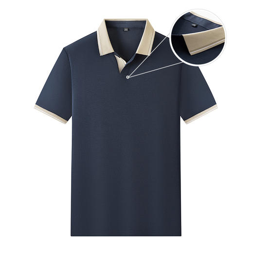 半身缘男装 夏季亚麻桑蚕丝海鸥领拼色抗菌凉感商务短袖POLO衫8236 商品图1