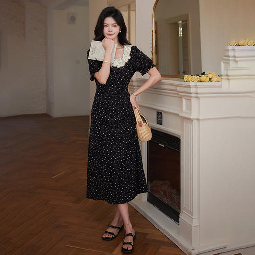 西遇法式波点连衣裙女夏季新款黑色短袖a字收腰花领长裙SS050528 商品图1
