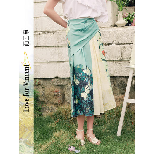 两三事梵高文艺 绿野笔触 2025夏季新款小清新印花拼布高腰半身裙 商品图0
