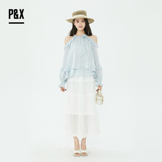 P&X设计师2025夏季一字肩挂颈露肩荷叶边雪纺衫825228073 蓝色 商品图2