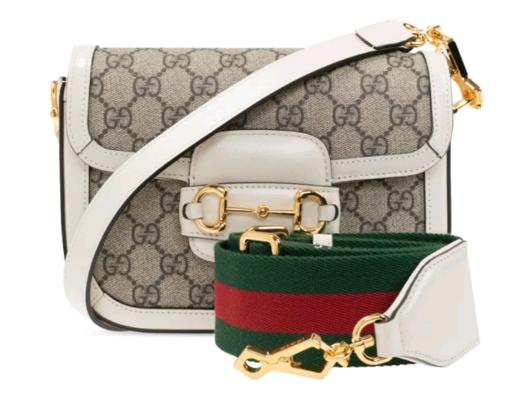 GUCCI古驰 1955 Horsebit 马街扣复古老花_ogo条纹织带 帆布拼皮革 马鞍包单肩斜挎包 迷你  乌木白色 商品图0