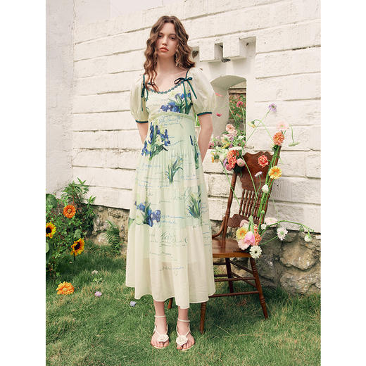 两三事梵高文艺青绿起舞2025夏新款法式印花泡泡袖高腰a字连衣裙 商品图1