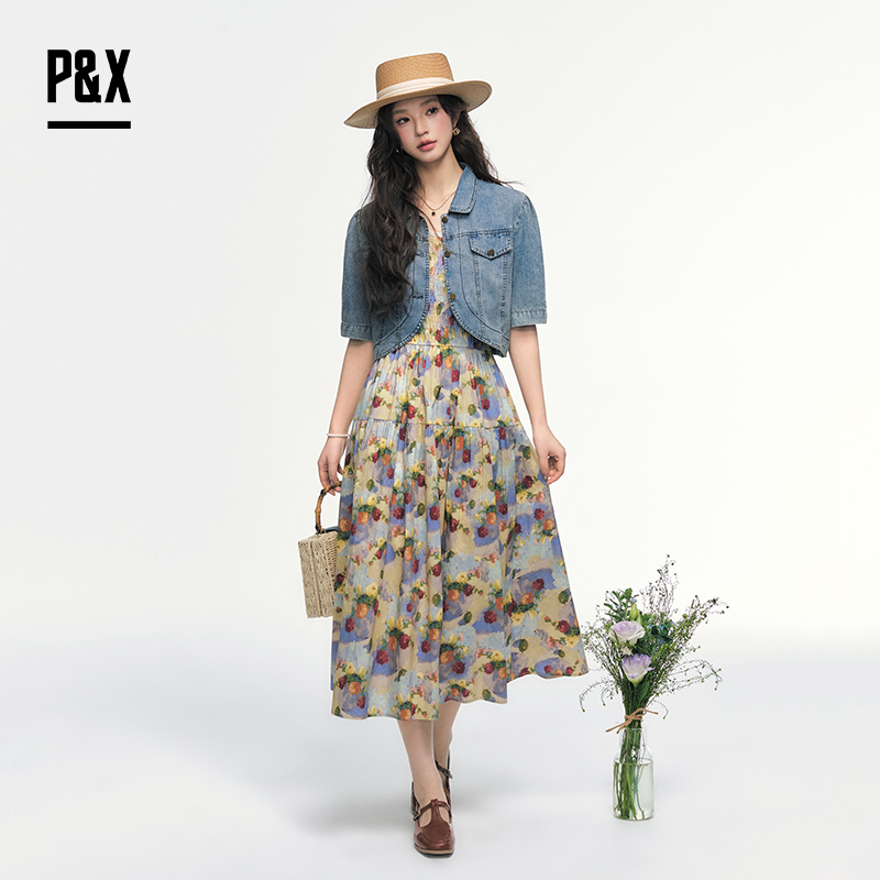 P&X设计师女装 夏季法式复古碎花油画感套装长裙 825214092 花色